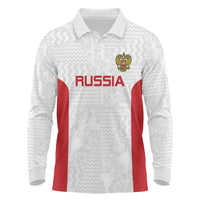 Custom Russia Football Long Sleeve Polo Shirt Nashi Parni Khokhloma Style - White - Wonder Print Shop