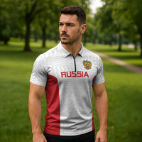 Custom Russia Football Zipper Polo Shirt Nashi Parni Khokhloma Style - White - Wonder Print Shop