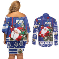 Honduras Santa Claus Christmas Couples Matching Off Shoulder Short Dress and Long Sleeve Button Shirt Christmas Tree With Flag Background - Wonder Print Shop