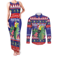 Belize Keel-billed Toucan Bird Christmas Couples Matching Tank Maxi Dress and Long Sleeve Button Shirt Feliz Navidad With Knitted Christmas Pattern - Wonder Print Shop