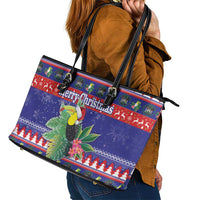 Belize Keel-billed Toucan Bird Christmas Leather Tote Bag Feliz Navidad With Knitted Christmas Pattern - Wonder Print Shop