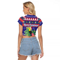 Belize Keel-billed Toucan Bird Christmas Raglan Cropped T Shirt Feliz Navidad With Knitted Christmas Pattern - Wonder Print Shop