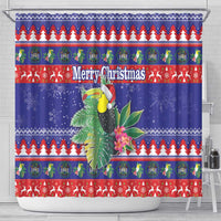 Belize Keel-billed Toucan Bird Christmas Shower Curtain Feliz Navidad With Knitted Christmas Pattern