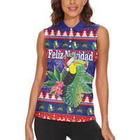 Belize Keel-billed Toucan Bird Christmas Women Sleeveless Polo Shirt Feliz Navidad With Knitted Christmas Pattern - Wonder Print Shop