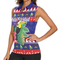 Belize Keel-billed Toucan Bird Christmas Women Sleeveless Polo Shirt Feliz Navidad With Knitted Christmas Pattern - Wonder Print Shop