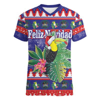 Belize Keel-billed Toucan Bird Christmas Women V-Neck T-Shirt Feliz Navidad With Knitted Christmas Pattern - Wonder Print Shop