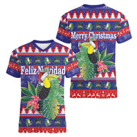 Belize Keel-billed Toucan Bird Christmas Women V-Neck T-Shirt Feliz Navidad With Knitted Christmas Pattern - Wonder Print Shop
