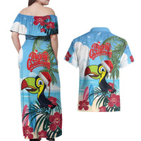 Belize Keel-billed Toucan Christmas Couples Matching Off Shoulder Maxi Dress and Hawaiian Shirt Black Orchid Christmas Beach Vibe - Wonder Print Shop