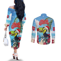 Belize Keel-billed Toucan Christmas Couples Matching Off The Shoulder Long Sleeve Dress and Long Sleeve Button Shirt Black Orchid Christmas Beach Vibe