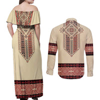 Traditional Romanian Couples Matching Off Shoulder Maxi Dress and Long Sleeve Button Shirt With Red Traditional Embroidery Patterns