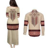 Traditional Romanian Couples Matching Puletasi and Long Sleeve Button Shirt With Red Traditional Embroidery Patterns