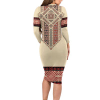 Traditional Romanian Long Sleeve Bodycon Dress With Red Traditional Embroidery Patterns