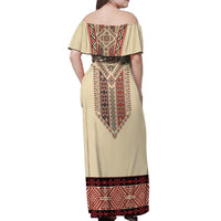 Traditional Romanian Off Shoulder Maxi Dress With Red Traditional Embroidery Patterns
