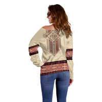 Traditional Romanian Off Shoulder Sweater With Red Traditional Embroidery Patterns