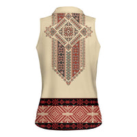 Traditional Romanian Women Sleeveless Polo Shirt With Red Traditional Embroidery Patterns - Wonder Print Shop