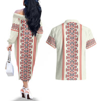 Happy Martisor Day Couples Matching Off The Shoulder Long Sleeve Dress and Hawaiian Shirt Traditional Romanian Folklore Pattern