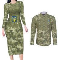 Ukraine Military Vyshyvanka Pattern Couples Matching Long Sleeve Bodycon Dress and Long Sleeve Button Shirt Tryzub Emblem Tactical Style - Wonder Print Shop
