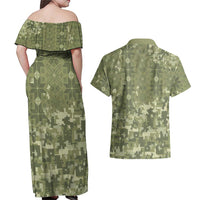 Ukraine Military Vyshyvanka Pattern Couples Matching Off Shoulder Maxi Dress and Hawaiian Shirt Tryzub Emblem Tactical Style - Wonder Print Shop