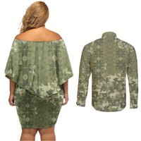 Ukraine Military Vyshyvanka Pattern Couples Matching Off Shoulder Short Dress and Long Sleeve Button Shirt Tryzub Emblem Tactical Style - Wonder Print Shop