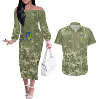 Ukraine Military Vyshyvanka Pattern Couples Matching Off The Shoulder Long Sleeve Dress and Hawaiian Shirt Tryzub Emblem Tactical Style - Wonder Print Shop