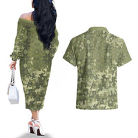 Ukraine Military Vyshyvanka Pattern Couples Matching Off The Shoulder Long Sleeve Dress and Hawaiian Shirt Tryzub Emblem Tactical Style - Wonder Print Shop