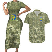 Ukraine Military Vyshyvanka Pattern Couples Matching Short Sleeve Bodycon Dress and Hawaiian Shirt Tryzub Emblem Tactical Style - Wonder Print Shop