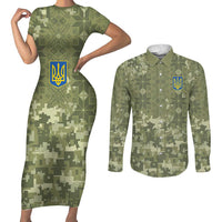 Ukraine Military Vyshyvanka Pattern Couples Matching Short Sleeve Bodycon Dress and Long Sleeve Button Shirt Tryzub Emblem Tactical Style - Wonder Print Shop