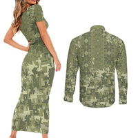 Ukraine Military Vyshyvanka Pattern Couples Matching Short Sleeve Bodycon Dress and Long Sleeve Button Shirt Tryzub Emblem Tactical Style - Wonder Print Shop