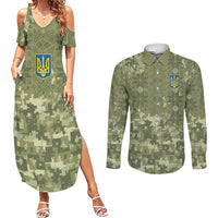Ukraine Military Vyshyvanka Pattern Couples Matching Summer Maxi Dress and Long Sleeve Button Shirt Tryzub Emblem Tactical Style - Wonder Print Shop