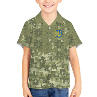 Ukraine Military Vyshyvanka Pattern Kid Hawaiian Shirt Tryzub Emblem Tactical Style - Wonder Print Shop