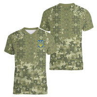 Ukraine Military Vyshyvanka Pattern Women V-Neck T-Shirt Tryzub Emblem Tactical Style - Wonder Print Shop