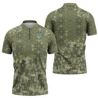 Ukraine Military Vyshyvanka Pattern Zipper Polo Shirt Tryzub Emblem Tactical Style - Wonder Print Shop