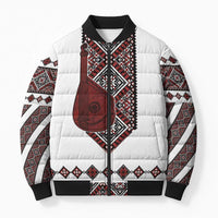 Ukraine Bandura Vyshyvanka Pattern Bomber Puffer Jacket Ukrainian Heritage Folk White Version - Wonder Print Shop