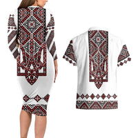 Ukraine Bandura Vyshyvanka Pattern Couples Matching Long Sleeve Bodycon Dress and Hawaiian Shirt Ukrainian Heritage Folk White Version - Wonder Print Shop