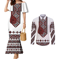 Ukraine Bandura Vyshyvanka Pattern Couples Matching Mermaid Dress and Long Sleeve Button Shirt Ukrainian Heritage Folk White Version - Wonder Print Shop