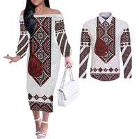 Ukraine Bandura Vyshyvanka Pattern Couples Matching Off The Shoulder Long Sleeve Dress and Long Sleeve Button Shirt Ukrainian Heritage Folk White Version - Wonder Print Shop
