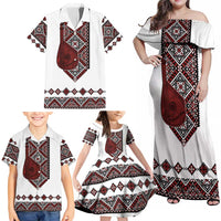 Ukraine Bandura Vyshyvanka Pattern Family Matching Off Shoulder Maxi Dress and Hawaiian Shirt Ukrainian Heritage Folk White Version