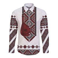 Ukraine Bandura Vyshyvanka Pattern Long Sleeve Button Shirt Ukrainian Heritage Folk White Version - Wonder Print Shop