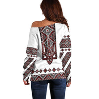 Ukraine Bandura Vyshyvanka Pattern Off Shoulder Sweater Ukrainian Heritage Folk White Version - Wonder Print Shop