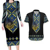 Ukraine Bandura Vyshyvanka Pattern Couples Matching Long Sleeve Bodycon Dress and Hawaiian Shirt Ukrainian Heritage Folk Black Version - Wonder Print Shop
