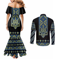 Ukraine Bandura Vyshyvanka Pattern Couples Matching Mermaid Dress and Long Sleeve Button Shirt Ukrainian Heritage Folk Black Version - Wonder Print Shop