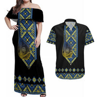 Ukraine Bandura Vyshyvanka Pattern Couples Matching Off Shoulder Maxi Dress and Hawaiian Shirt Ukrainian Heritage Folk Black Version - Wonder Print Shop