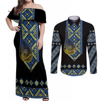 Ukraine Bandura Vyshyvanka Pattern Couples Matching Off Shoulder Maxi Dress and Long Sleeve Button Shirt Ukrainian Heritage Folk Black Version - Wonder Print Shop