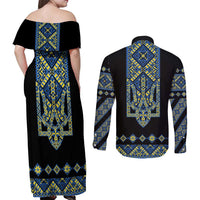 Ukraine Bandura Vyshyvanka Pattern Couples Matching Off Shoulder Maxi Dress and Long Sleeve Button Shirt Ukrainian Heritage Folk Black Version - Wonder Print Shop