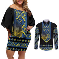 Ukraine Bandura Vyshyvanka Pattern Couples Matching Off Shoulder Short Dress and Long Sleeve Button Shirt Ukrainian Heritage Folk Black Version - Wonder Print Shop