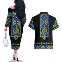 Ukraine Bandura Vyshyvanka Pattern Couples Matching Off The Shoulder Long Sleeve Dress and Hawaiian Shirt Ukrainian Heritage Folk Black Version - Wonder Print Shop