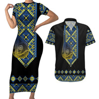 Ukraine Bandura Vyshyvanka Pattern Couples Matching Short Sleeve Bodycon Dress and Hawaiian Shirt Ukrainian Heritage Folk Black Version - Wonder Print Shop