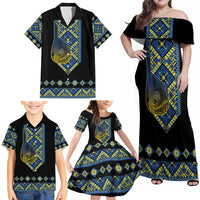 Ukraine Bandura Vyshyvanka Pattern Family Matching Off Shoulder Maxi Dress and Hawaiian Shirt Ukrainian Heritage Folk Black Version