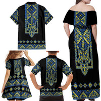 Ukraine Bandura Vyshyvanka Pattern Family Matching Off Shoulder Maxi Dress and Hawaiian Shirt Ukrainian Heritage Folk Black Version
