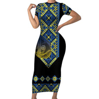 Ukraine Bandura Vyshyvanka Pattern Family Matching Short Sleeve Bodycon Dress and Hawaiian Shirt Ukrainian Heritage Folk Black Version